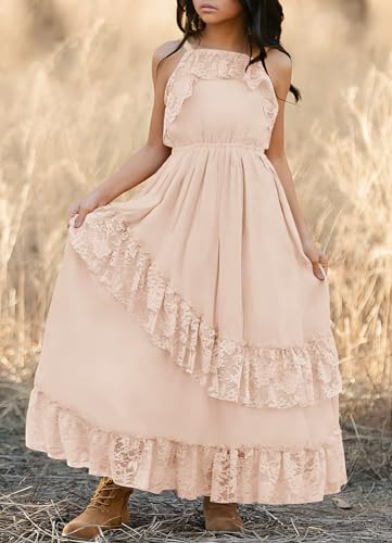 MITILLY Girls Boho Lace Flower Dresses Spaghetti Strap A-Line Ruffle Tiered Flowy Wedding Party Maxi Dress with Pockets3