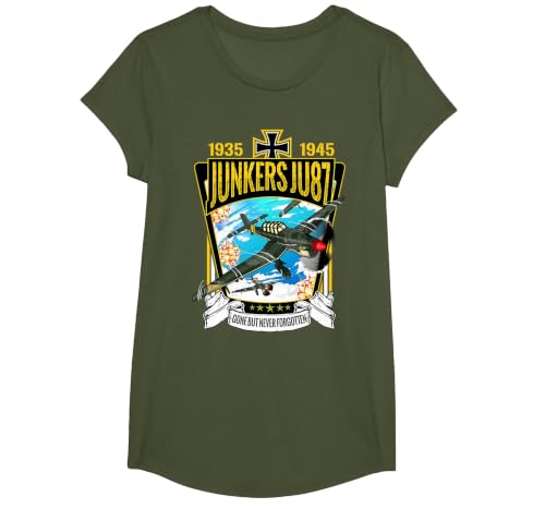 World War 2 German Aircraft Junkers JU-87A Fighter Bomber T-Shirt, Girls, Olive Green, Large