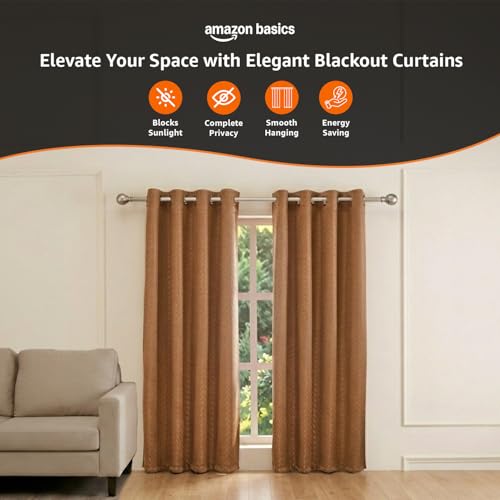 Image of Amazon Basics - Room Darkening Blackout Door Curtains, 100% Room Darkening | 5 Feet |Set of 2| Embossed | Self Deisgn |for Living Room and Bedroom | 115cmx 150cm, Color- Coffee