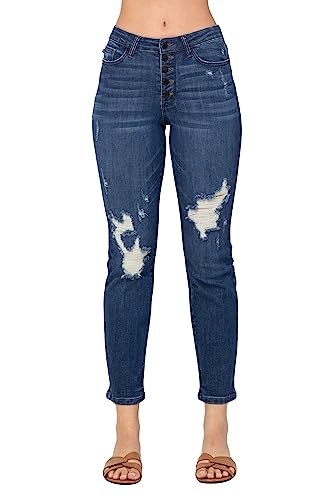 Judy Blue Women's High Waist Zigzag and Button Fly Destroyed Boyfriend Jeans