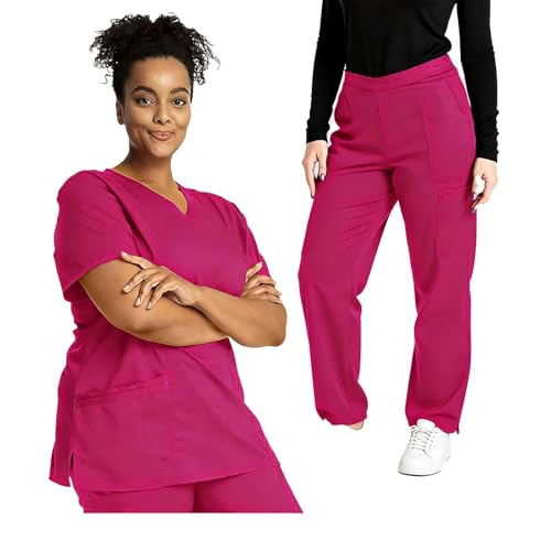 Image of 2026 Scrub Set for Women, Modern Classic V-Neck Scrubs Top with Straight Leg Pant Multi Pockets Housekeeping Uniform
