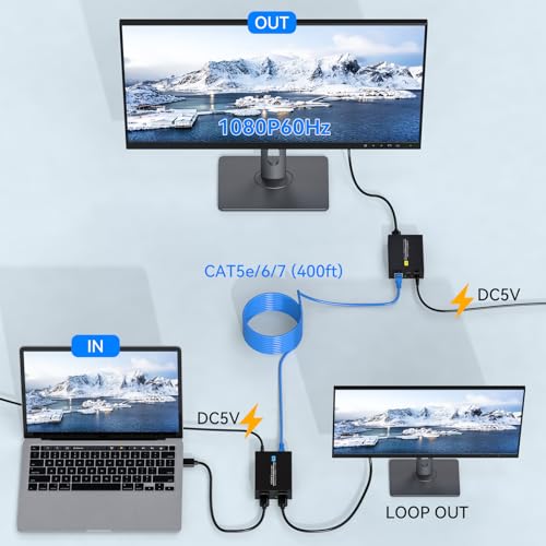 VEDINDUST HDMI Extender Over Ethernet 400FT/120M With Loop Output Through Single CAT5e/CAT6/CAT7 Support 1080P60HZ HDCP EDID Full HD Transmitter and Receiver - Image 3