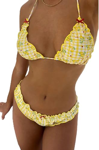 Women Floral String Bikini Set Two Piece Halter Tie Up Triangle Swimsuit Sexy Y2k Thong Batching Suit2