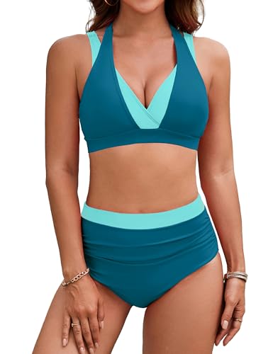 BMJL Women's High Waisted Bikini Sets Tummy Control Swimsuits Two Piece Color Block Modest Bathing Suit