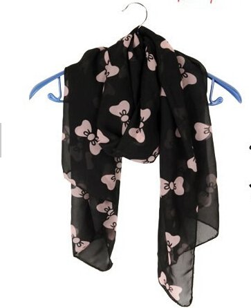 JOVANAS FASHION Big Bowtie Bow Print Elegant Scarves Chiffon Long Scarf Shawl (Black)