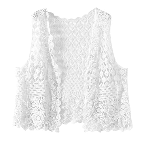 HEYXI Women Crochet Sleeveless Vest Waistcoat Hollow Knit Geometric Cardigan for Jacke White
