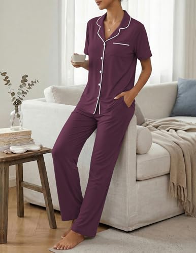 Image of ZMJ Womens Pajamas Sets 2 Piece Button Up Pj Sets Short Sleeve with Long Pant