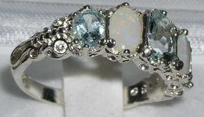 925 Sterling Silver Real Genuine Aquamarine And Opal Womens Band Ring - Size 7 #TOP2