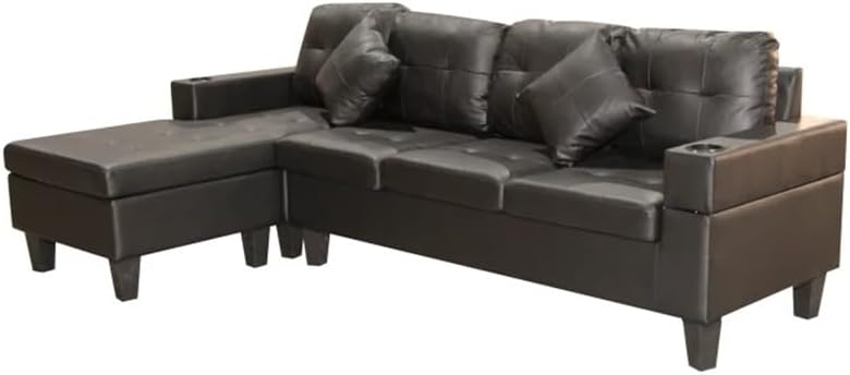 Sectional Sofa Set for Living Room with L Shape Chaise Lounge,Cup Holder and Left Or Right Hand 4 Seat Black PU