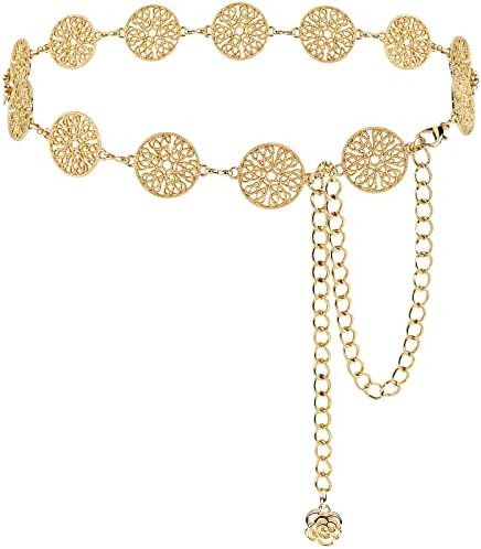 Hollow Round Decor Chain Belts for Women, Metal Waist Chain Plus Size for Her Dresses(Gold,41.3in)