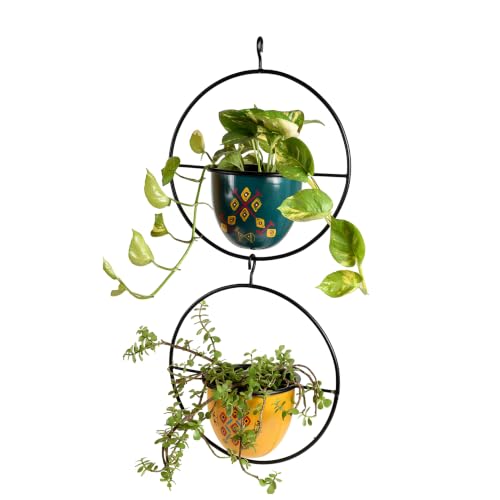 Image of AAKRITI ART CREATIONS Metal Hanging Planters Set of 2 | Handpainted Planter, Modern Art, Multicolor Glossy Finish | Outdoor & Indoor Home Decor Items | Room Decoration Artifacts, Flower Pots for Room