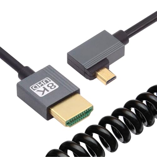 Cable Micro HDMI 2.1 a HDMI 8K en espiral y ángulo recto para monitor y cámara