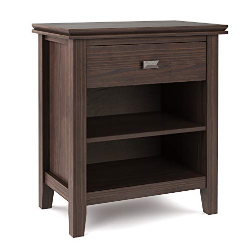 SIMPLIHOME Artisan Bedside Table - 24 inch Wide Solid Wood Nightstand Table in Warm Walnut Brown, Contemporary Bedroom Side or End Table with 1 Drawer, Open Shelf Storage and Bronze Knobs