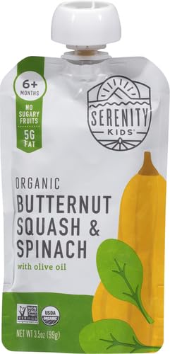 Image of Serenity Kids 6+ Months USDA Organic Veggie Puree Baby Food Pouches | No Sugary Fruits or Added Sugar | Allergen Free | 3.5 Ounce BPA-Free Pouch | Butternut Squash & Spinach | 1 Count (Pack of 2)