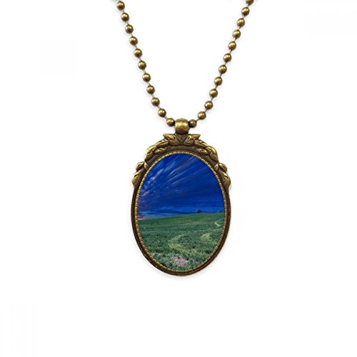 Collier vintage en laiton antique avec pendentif grassland vert bleu