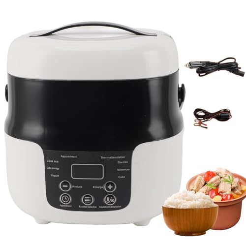 Car Rice Cooker, 2L Smart Mini Rice Cooker with No-stick Liner, Fast Cooking Food Container Multicooker for 2-4 Persons Long Distance RV Trucks