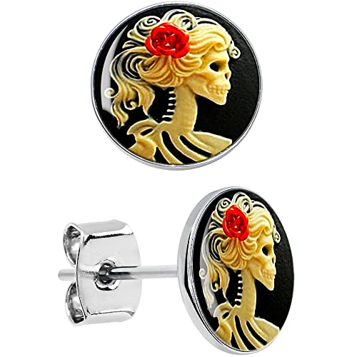 Body Candy Red Rose Skull Skeleton Stud Earrings - Stainless Steel Earrings for Halloween, Day of the Dead