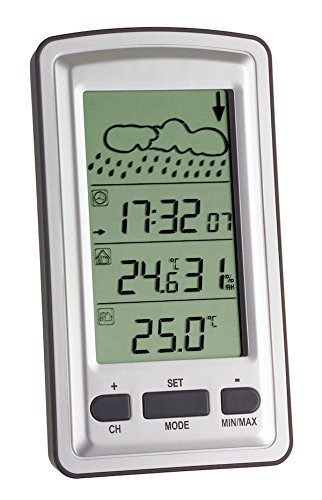 Axis Funk-Wetterstation, Wettervorhersage mit Symbolen, Anzeige der Innentemperatur/Luftfeuchtigkeit, Außentemperatur, Funkuhr mit Alarm