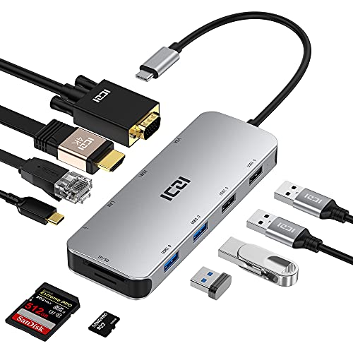 ICZI USB C Docking Station, USB C Hub 10-IN-1 Space Gray 4K HDMI VGA 100W PD Charging, 2 USB-A 3.0 5Gbps 2 USB-A 2.0 Data Ports MicroSD TF Card Reader for MacBook Air/Pro, iPad Pro/iPad Air, XPS, Envy