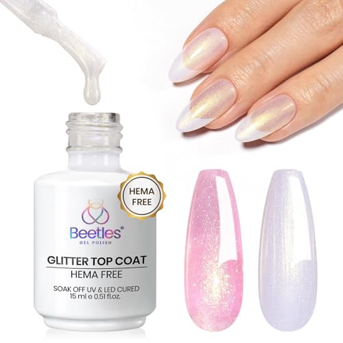 Beetles Hema Free Glitter Gel Top Coat for French Tip Press on Nails Pearl Shimmer Glitter Green 2-IN-1 No Wipe Top Coat Long Lasting15ml