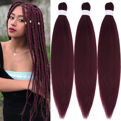 SIXERSI Dark Red Braiding Hair Pre Stretched Crochet Box Braids 26 inch 99j Colored Hair for Braiding Synthetic Organic Non Toxic Hypoallergenic Pre Sectioned Braiding Hair for Black Women Kids
