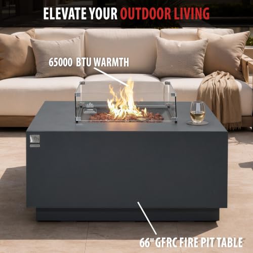 Image of AMS 48 inch Square Concrete GFRC Propane Gas Fire Pit Table Bundle (Dark Gray)