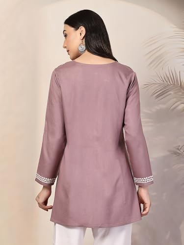 Image of QAZMI Women's Ardra Aari Embroidered Viscose Rayon Full Sleeves A-Line Flared Short Kurti