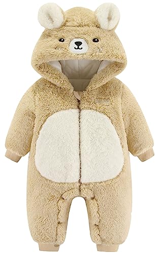 FEOYA Junge Geburt Warme Baumwolle Schneejacke für Baby Jumpsuit Babykleidung Strampler Kleinkind Oberbekleidung Tier Kapuze Hase Mädchen Winter Beige 3-6 Monate