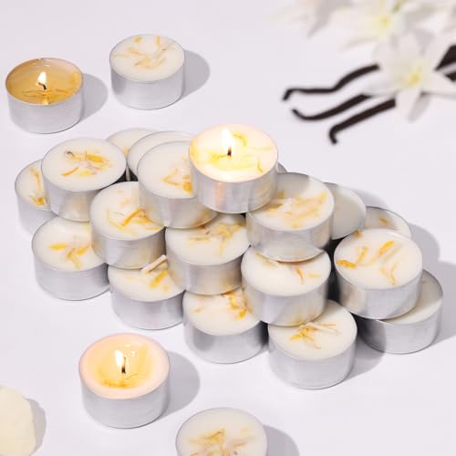 48 Pcs Vanilla Scented Tealight Candles, 6H Long Burning - 100% Palm Wax Based Scented Tea Lights with Dried Flowers, Non-Toxic/Smokeless Tea Lights Candles Bulk for Spa, Bath, Wedding