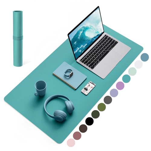 YSAGi Non-Slip Leather Desk Pad, Waterproof Laptop Computer Desk Keyboard Mat, Table Protector Blotter Mat, Large Mouse Pad for Office/Work/Home/Decor(Green Blue, 31.5" x 15.7") Green Blue 3
