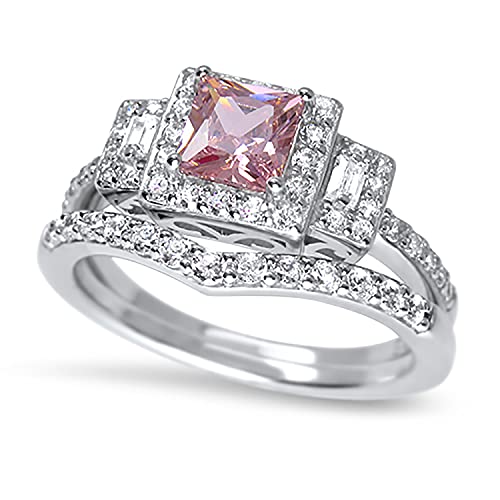 Pink CZ Wedding Ring Set for Women, Simulated Topaz Bridal Engagement Ring Set in Sterling Silver Size 52