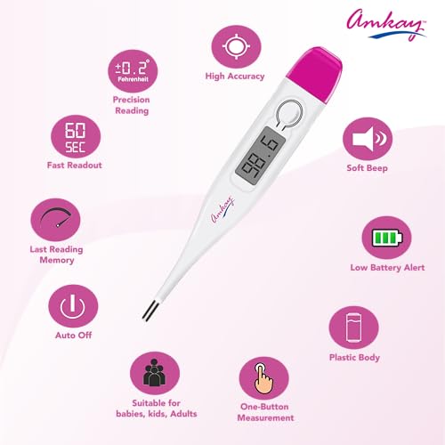 Image of Amkay Digital Thermometer for Oral & Underarm Use - Fast & Accurate Temperature Reading in Celsius & Fahrenheit, Water-Resistant, Easy to Clean, 1 Year Warranty, White