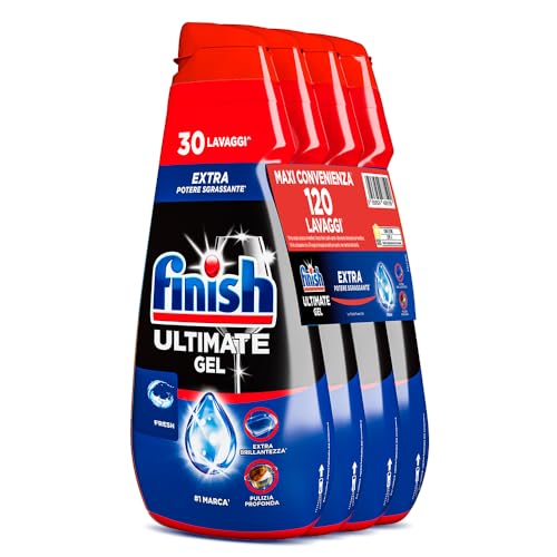 Finish Ultimate Gel, Detersivo per Lavastoviglie, 120 Lavaggi, 4 confezioni da 30 Lavaggi, Fresh, Extra Potere Sgrassante, Extra Brillantezza, Pulizia Profonda
