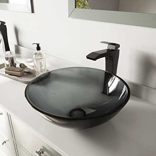 Vigo Vgt461 16.5" L -16.5" W -11.63" H Handmade Countertop Glass Round Vessel Bathroom Sink Set In Sheer Black Finish With Matte Black Single-Handle Waterfall Single Hole Faucet And Pop Up Drain #TOP26