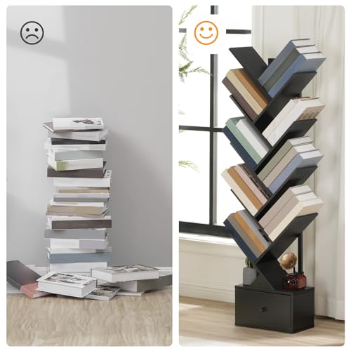 HOOBRO Bücherregal mit Schublade, Standregal mit 9 Ebenen, Baumförmiges Bücherregal, DVD Regal, Bücherturm Freistehend, für Wohnzimmer… – Ansicht 7