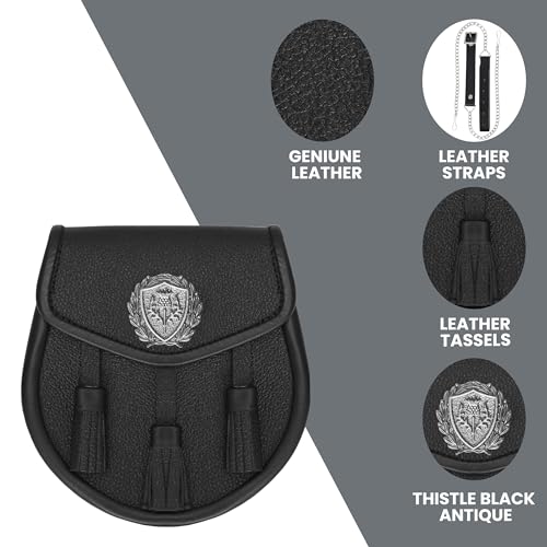 Image of Scottish Original Leather Sporran with Leather Belt & Chain (Black Leather Attique Thistle Badge Sporran)