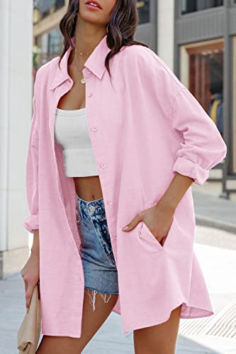 Image of FSHAOES Womens Oversized Button Down Shirts Casual Loose Long Sleeve Solid Lapel Long Blouses Tops with Pockets