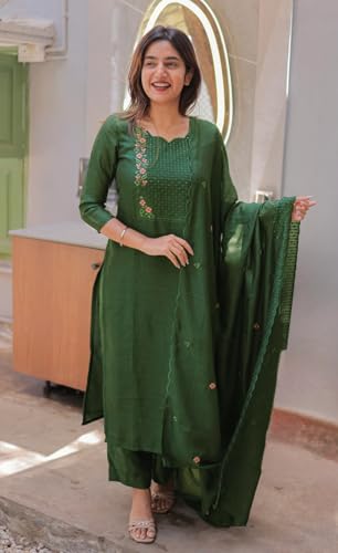 Image of Women Cotton Kurta Pant Set with Chanderi Cotton Dupatta | 3-Piece Straight Fit 3 /4 Sleeves Kurta with V-Neck | Ethnic, Festive & Casual Wear for Women| 3 Piece Set