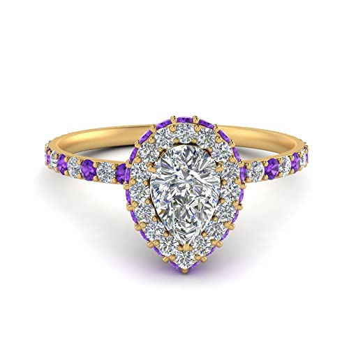Image of Choose Your Gemstone Pave Rollover Pear Halo Engagement Ring Yellow Gold Plated Pear Shape Halo Engagement Rings Matching Jewelry Wedding Jewelry Easy to Wear Gifts US Size 4 to 12