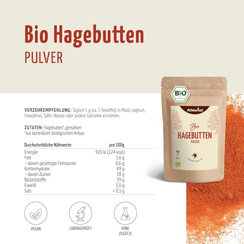 Hagebuttenpulver Bio 1000g | ganze Hagebutte gemahlen | fruchtiges, süß-würziges Aroma | 100% Bio Hagebutten Pulver in Rohkostqualität | vom Achterhof