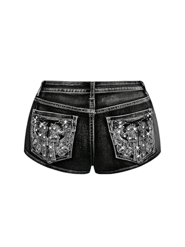 SOLY HUX Women's Y2k Sparkly Jeans Skinny Mini Denim Shorts Music