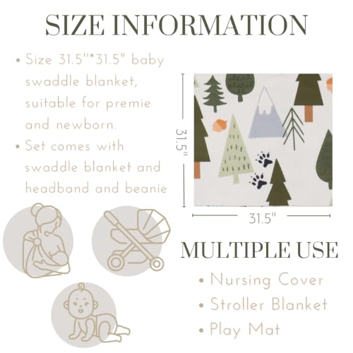 Image of Newborn Swaddle Set, Grey and Green Tree, Beanie | 31.4 x 31.4 in, for 0-3 months, swaddle and receiving blanket, beanie, name card, Grey and Green Tree