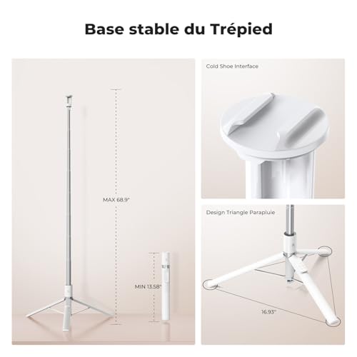 Perche à selfie trépied K&F CONCEPT 175cm blanc avec télécommande Bluetooth pour iPhone - 5