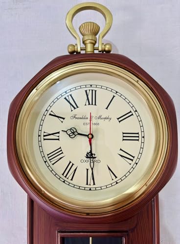 Image of Franklin & Murphy Vintage Wall Clock with Pendulum | Antique Wooden Wall Clock Oxford Design | Roman Numeral Decorative Clock | Silent Quartz Non-Ticking Classic Wall Decor