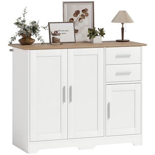 HOMCOM Buffet Salon, Meuble de Rangement avec 2 tiroirs, 3 Portes et étagère réglable, Style Contemporain, Buffet Salle à Manger et Cuisine, 100 x 40 x 78 cm, Blanc...