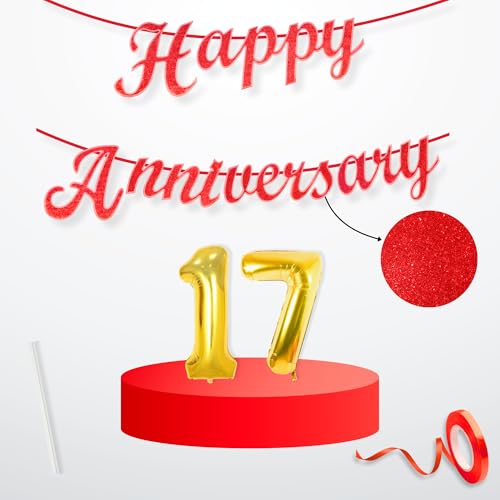 Image of Flyloons 17th Happy Anniversary Banner Red Decorations Kit for Men Women Wedding Anniversary Banner Items without Balloons