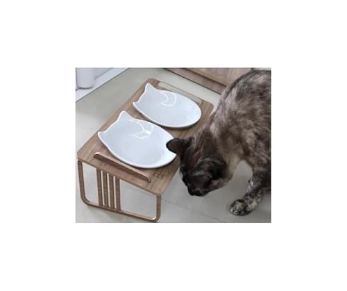 Comedouro duplo inclinado elevado para Gatos em MDF e Porcelana (Madeirada)