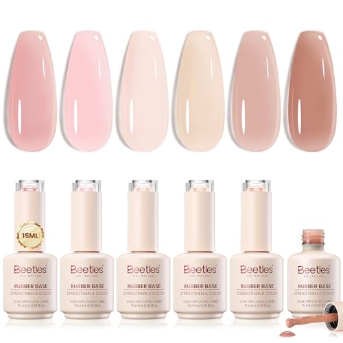 Beetles 15ml Rubber Base Gel Set 6 Colors 5-in-1 Builder Base Gel Nail Polish Neutral Sheer French Tips Base Colors for Nails Flexible UV LED Soak Off for DIY Home Manicure Nail Gifts