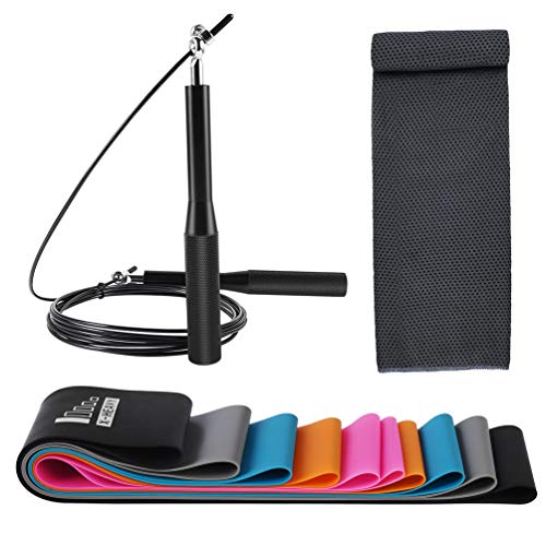 Uarter Conjunto de 5 Bandas Elásticas Fitness/Bandas de Resistencia con Cuerda de Saltar, Toalla refrescante, Banda de Gimnasia de látex 100% Natural para musculación, Yoga, Crossfit, Gimnasia