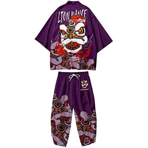 WYUKN Ensemble de Kimono Traditionnel,Cardigan Kimono Japonais pour - Veste d'impression Mode/Grande Taille Pantalon Sarouel Costume/Pyjama Ample Peignoir,A5-M Cover